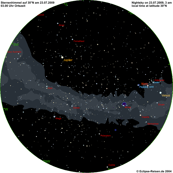 Nachthimmel auf 30° Nord Mitte Juli 2009 um 03.00 Uhr Ortszeit