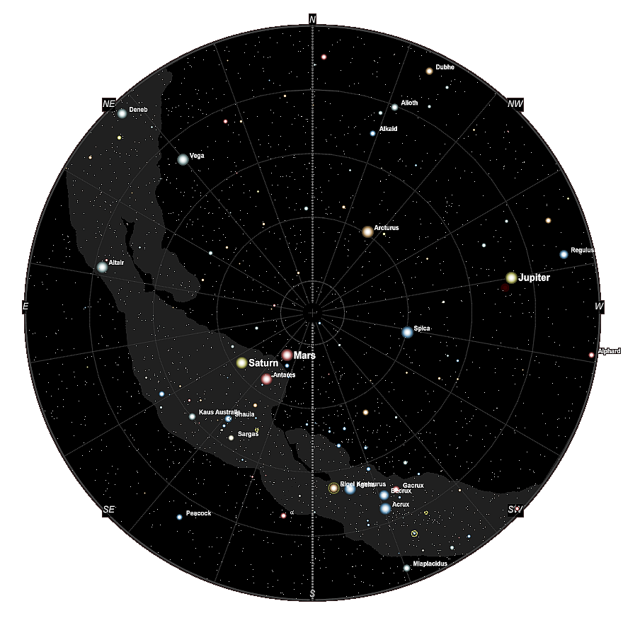 Nachthimmel über Java Mitte März 2016 um 04.00 Uhr Ortszeit
